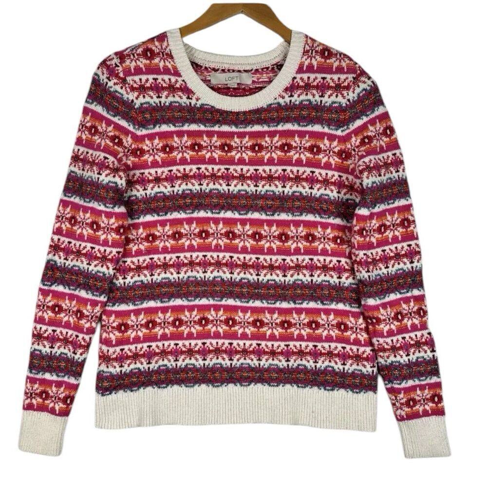 Loft Fair Isle Sweater Pink Multicolor Wool Blend Knit Women’s‎ Medium